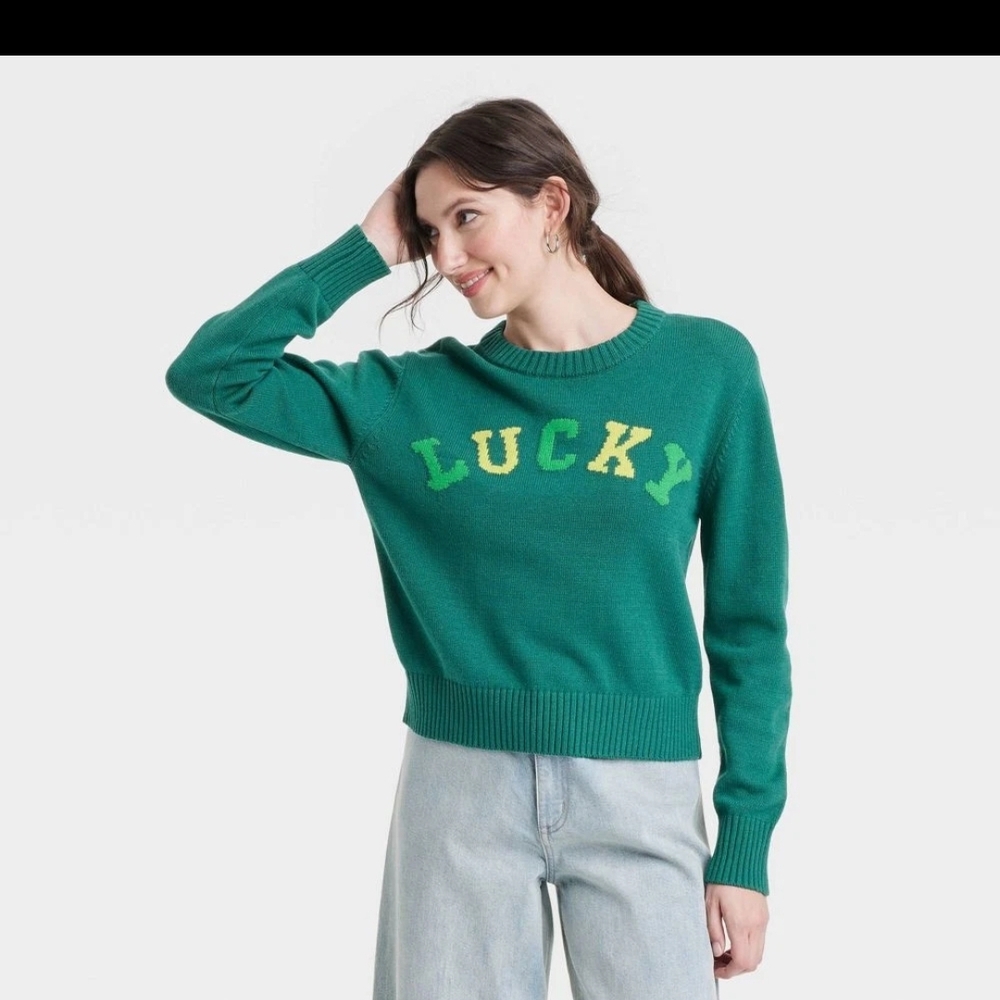 Lucky Brand Green Crew Neck Sweater with Multicolored Text